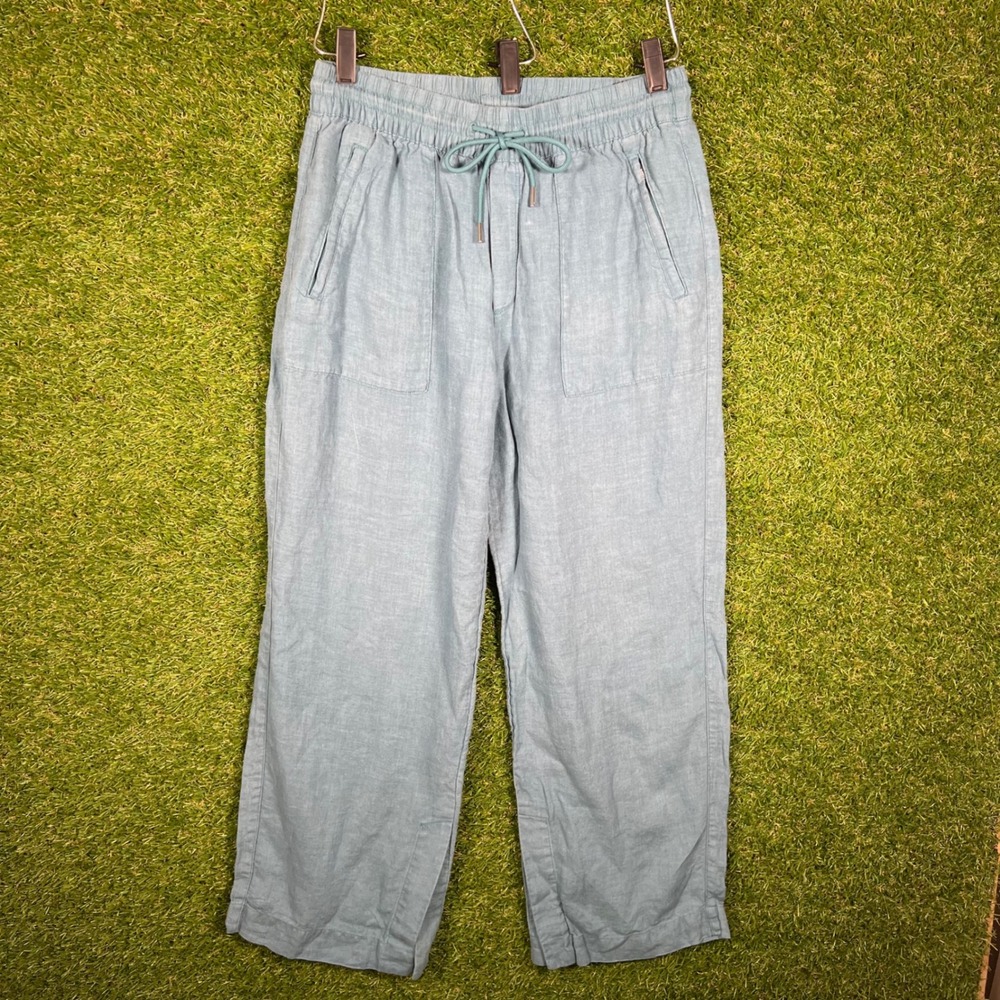Athleta Linen Blend Wide Leg Drawstring Pants Blue Green Teal Size 6